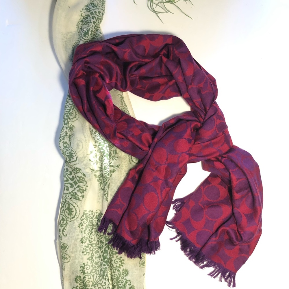 Coach Scarf Signature Fringe Silk Wool Pink Purple
